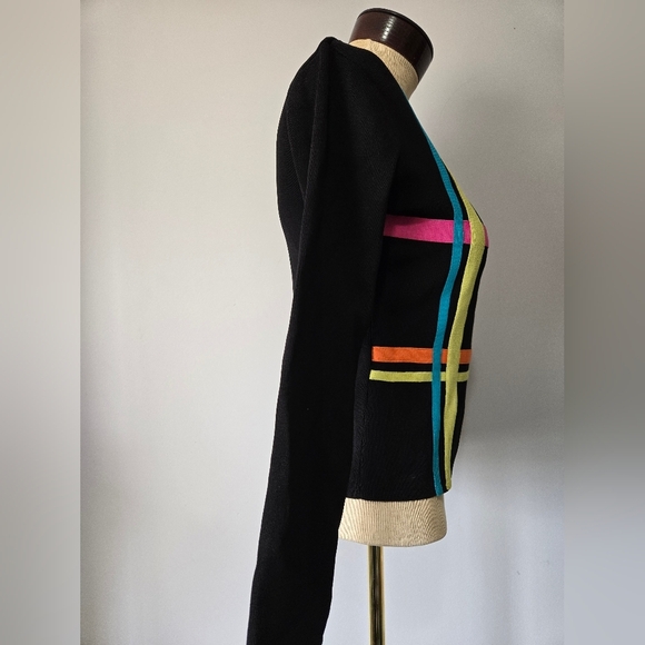 MINKAS Black Micro Rib Neon Striped V Neck Top. Size Medium - Picture 4 of 10